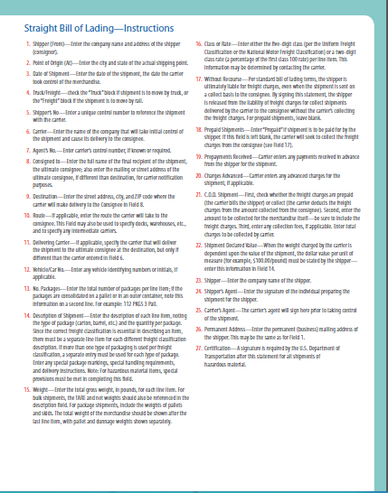 Bill of lading instructions