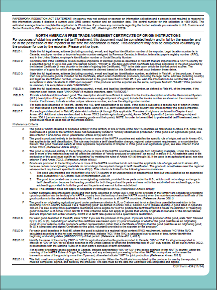 NAFTA Cert of Origin instructions